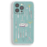 a phone case with a collection of various surgical tools and instruments, including scissors, forceps, and other medical equipment, all depicted in a teal color.