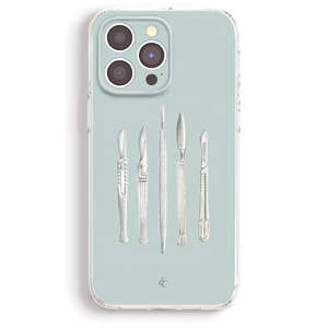 a phone case with a design of five different types of surgical tools, including scissors, forceps, and clamps, arranged in a row.
