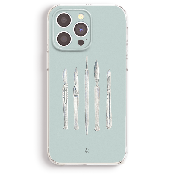 a phone case with a design of five different types of surgical tools, including scissors, forceps, and clamps, arranged in a row.