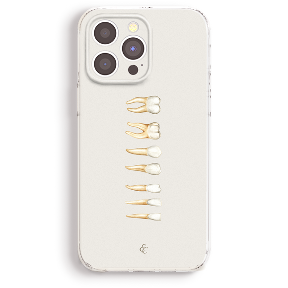 a white phone case with a unique design of teeth arranged in a row.