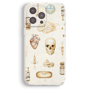 a phone case with a repeating pattern of medical illustrations, including a brain, heart, skull, syringe, and other anatomical elements.
