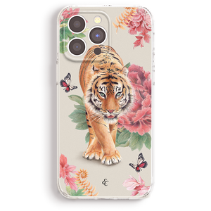 a tiger standing on a floral background with butterflies and other flowers.