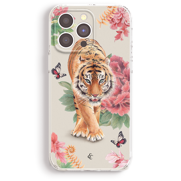 a tiger standing on a floral background with butterflies and other flowers.