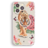 a tiger standing on a floral background with butterflies and other flowers.