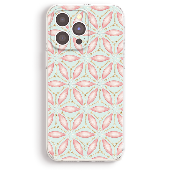 a phone case with a floral pattern in shades of pink and green.
