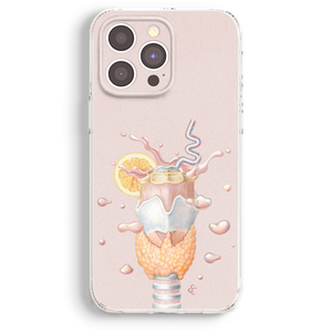 a phone case with a colorful and whimsical design depicting a dessert, possibly a milkshake or ice cream cone, with various toppings and a straw.