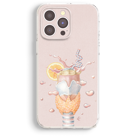 a phone case with a colorful and whimsical design depicting a dessert, possibly a milkshake or ice cream cone, with various toppings and a straw.