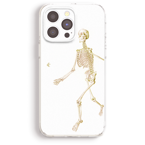 a white phone case with a detailed illustration of a skeleton on it.