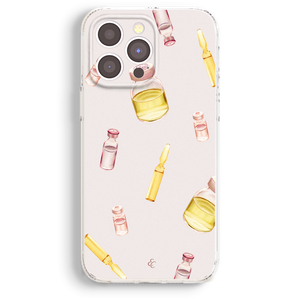 a phone case with a pattern of various bottles and containers, including a syringe, arranged in a visually appealing manner.