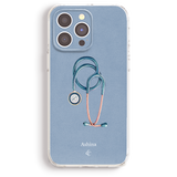 a phone case with a stethoscope and a medical symbol, along with the name 'Ashina' printed on it.
