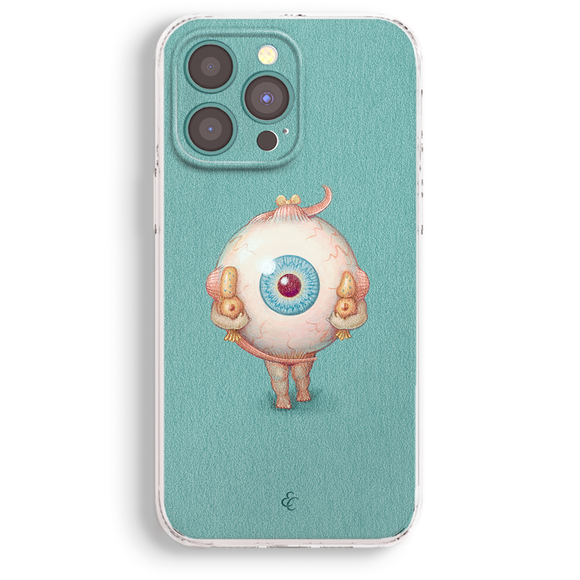 a phone case with a unique design, depicting a cartoon-like creature with an eye on its head.