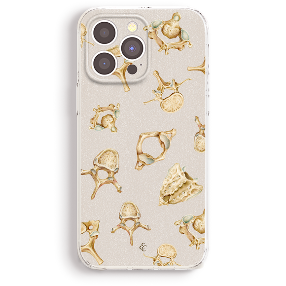 a phone case with a repeating pattern of various skull and vertebrae illustrations.