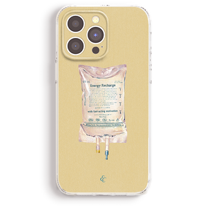 a phone case with a printed image of an IV bag and a caption that reads "Energy Recharge with fast-acting motivation".