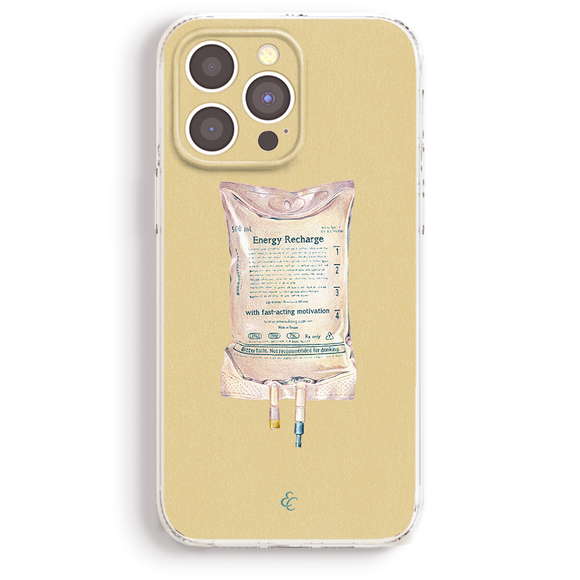 a phone case with a printed image of an IV bag and a caption that reads 