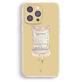 a phone case with a printed image of an IV bag and a caption that reads "Energy Recharge with fast-acting motivation".