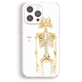 a white phone case with a detailed illustration of a human skeleton on it.