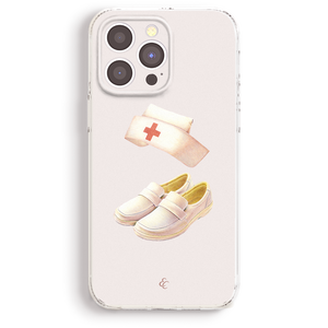 a phone case with a nurse's outfit and shoes printed on it.