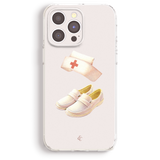 a phone case with a nurse's outfit and shoes printed on it.