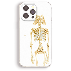 a white phone case with a detailed illustration of a human skeleton on it.