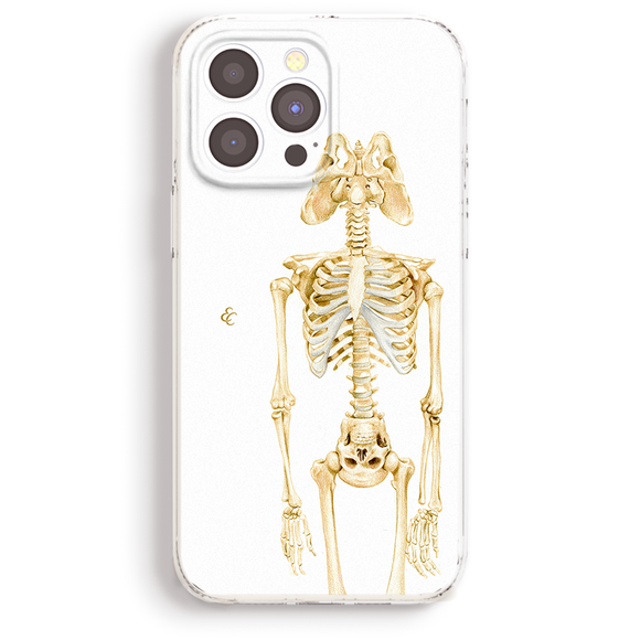 a white phone case with a detailed illustration of a human skeleton on it.