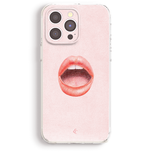 a pink phone case with a large, open-mouthed illustration of a red lips on it.