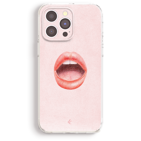 a pink phone case with a large, open-mouthed illustration of a red lips on it.