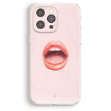 a pink phone case with a large, open-mouthed illustration of a red lips on it.