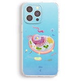 a phone case with a colorful illustration of an organelle, such as a cell or bacteria, on a blue background.