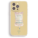 a phone case with a printed image of an IV bag and a caption that reads "Energy Recharge with fast-acting motivation".
