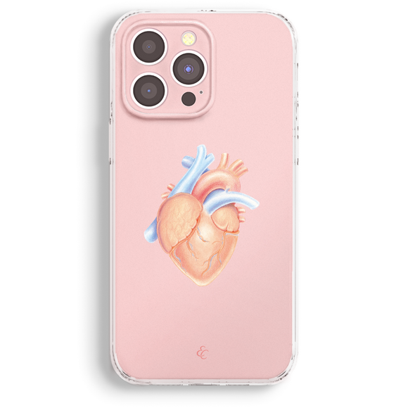 a pink phone case with a heart illustration on it.