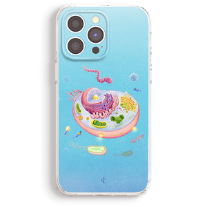 a colorful and detailed illustration of a cell, with various organelles and structures depicted within it.