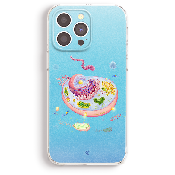 a colorful and detailed illustration of a cell, with various organelles and structures depicted within it.
