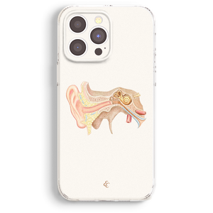 a white phone case with a detailed illustration of an ear and its various parts, including the outer ear, middle ear, and cochlea.
