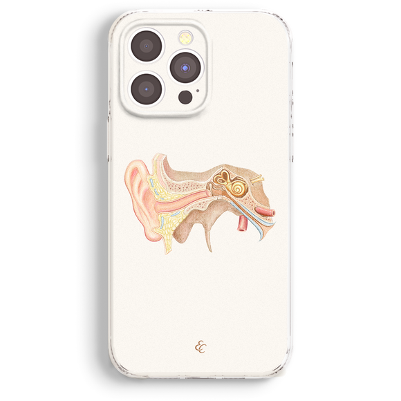 a white phone case with a detailed illustration of an ear and its various parts, including the outer ear, middle ear, and cochlea.