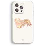 a white phone case with a detailed illustration of an ear and its various parts, including the outer ear, middle ear, and cochlea.