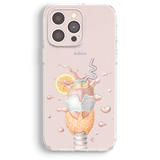a phone case with a colorful and whimsical design depicting a glass of lemonade with a slice of lemon, a straw, and a banana.
