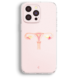 a phone case with a pink color and an illustration of a female reproductive system, including the ovaries and fallopian tubes.