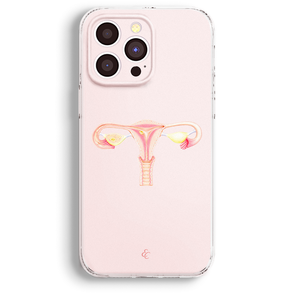 a phone case with a pink color and an illustration of a female reproductive system, including the ovaries and fallopian tubes.