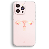 a phone case with a pink color and an illustration of a female reproductive system, including the ovaries and fallopian tubes.