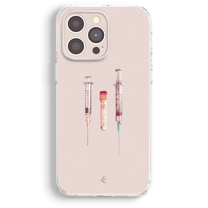 a phone case with a design of three syringes, each with different colored needles, arranged in a row.