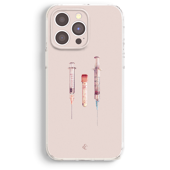 a phone case with a design of three syringes, each with different colored needles, arranged in a row.