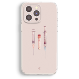 a phone case with a design of three syringes, each with different colored needles, arranged in a row.