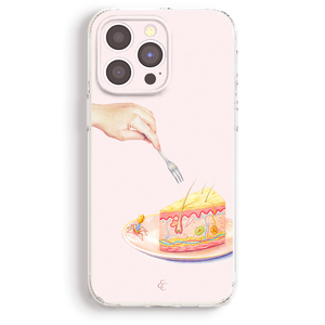 a hand holding a fork, poised to eat a slice of cake, with a detailed illustration of the cake and its components.