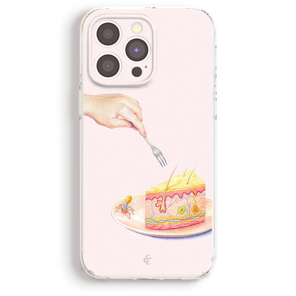 a hand holding a fork, poised to eat a slice of cake, with a detailed illustration of the cake and its components.