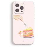 a hand holding a fork, poised to eat a slice of cake, with a detailed illustration of the cake and its components.