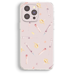 a phone case with a pink background and various medical-themed illustrations, including syringes, pills, and other medical equipment.