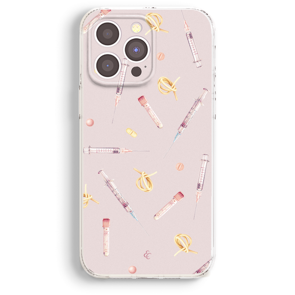 a phone case with a pink background and various medical-themed illustrations, including syringes, pills, and other medical equipment.