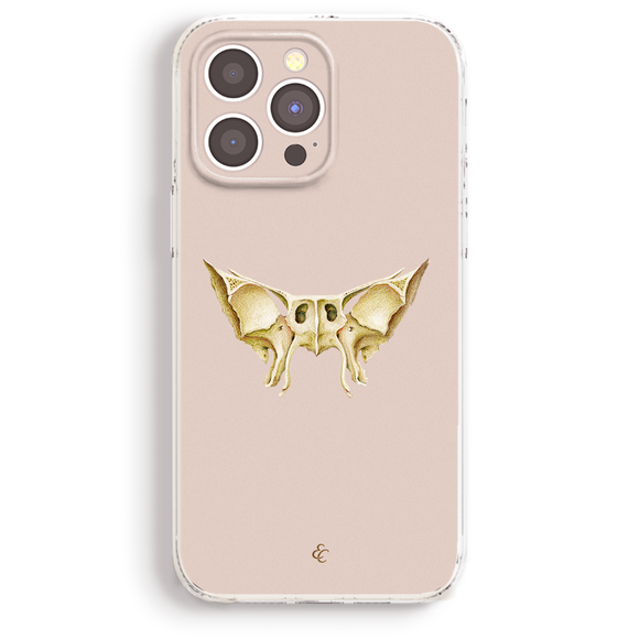 a phone case with a detailed illustration of a bat's skull on it.