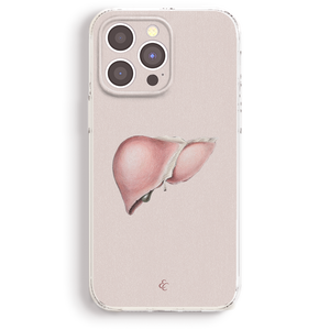 a phone case with a pink liver illustration on it.