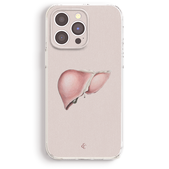 a phone case with a pink liver illustration on it.